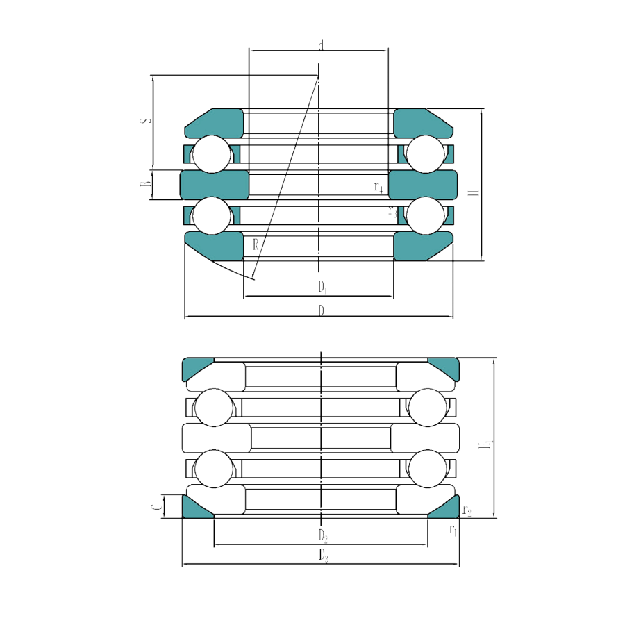 Double direction thrust ball bearings with sphered housing washers